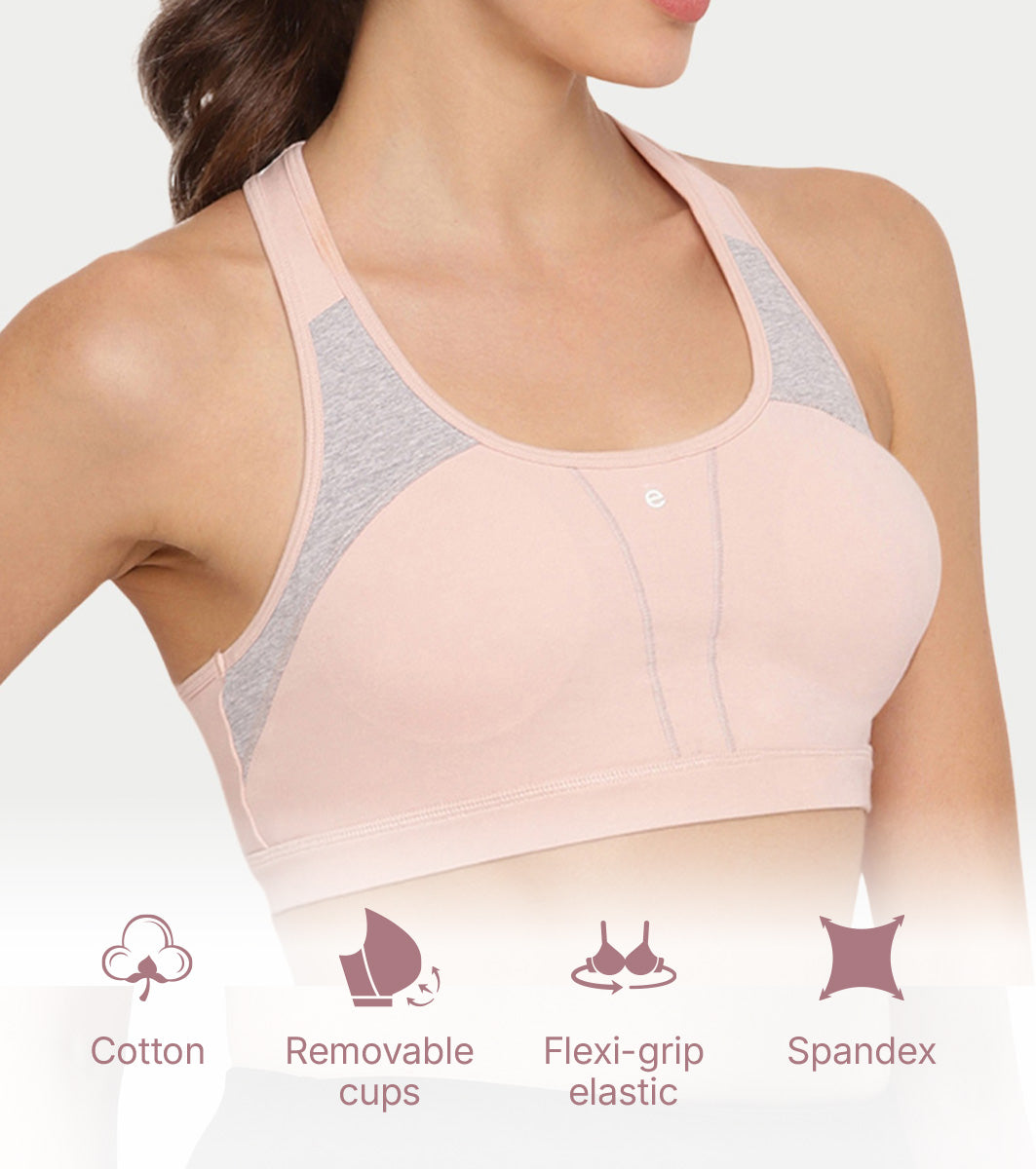 Enamor Medium Impact, Side Panel Shaping, Racer Back Women's Cotton Sports Bra - Padding with Removable Cups, Wirefree, High Coverage - SB08 (Pearl)