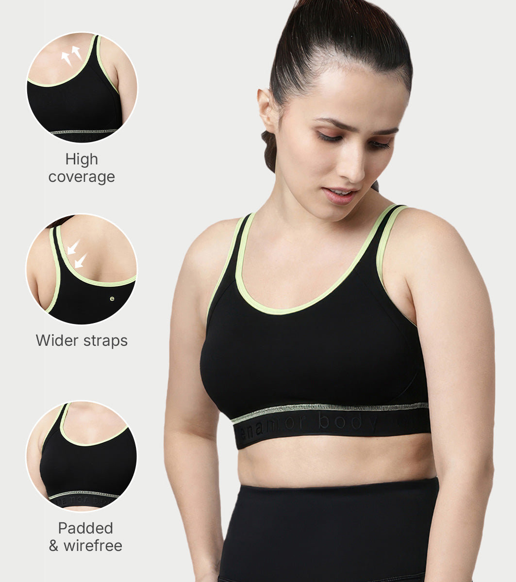 Enamor Innovations Antimicrobial, Side Shaper, Women's Cotton Medium Impact Sports Bra - Fixed cup, Non-Padded, Wirefree, High Coverage - SB28 (Black)