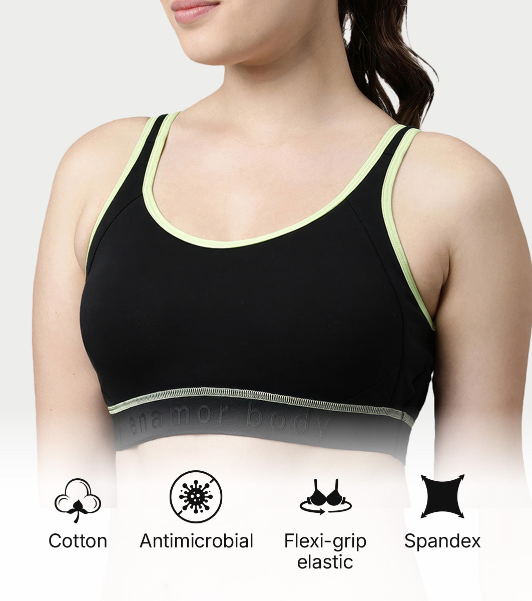 Enamor Innovations Antimicrobial, Side Shaper, Women's Cotton Medium Impact Sports Bra - Fixed cup, Non-Padded, Wirefree, High Coverage - SB28 (Black)