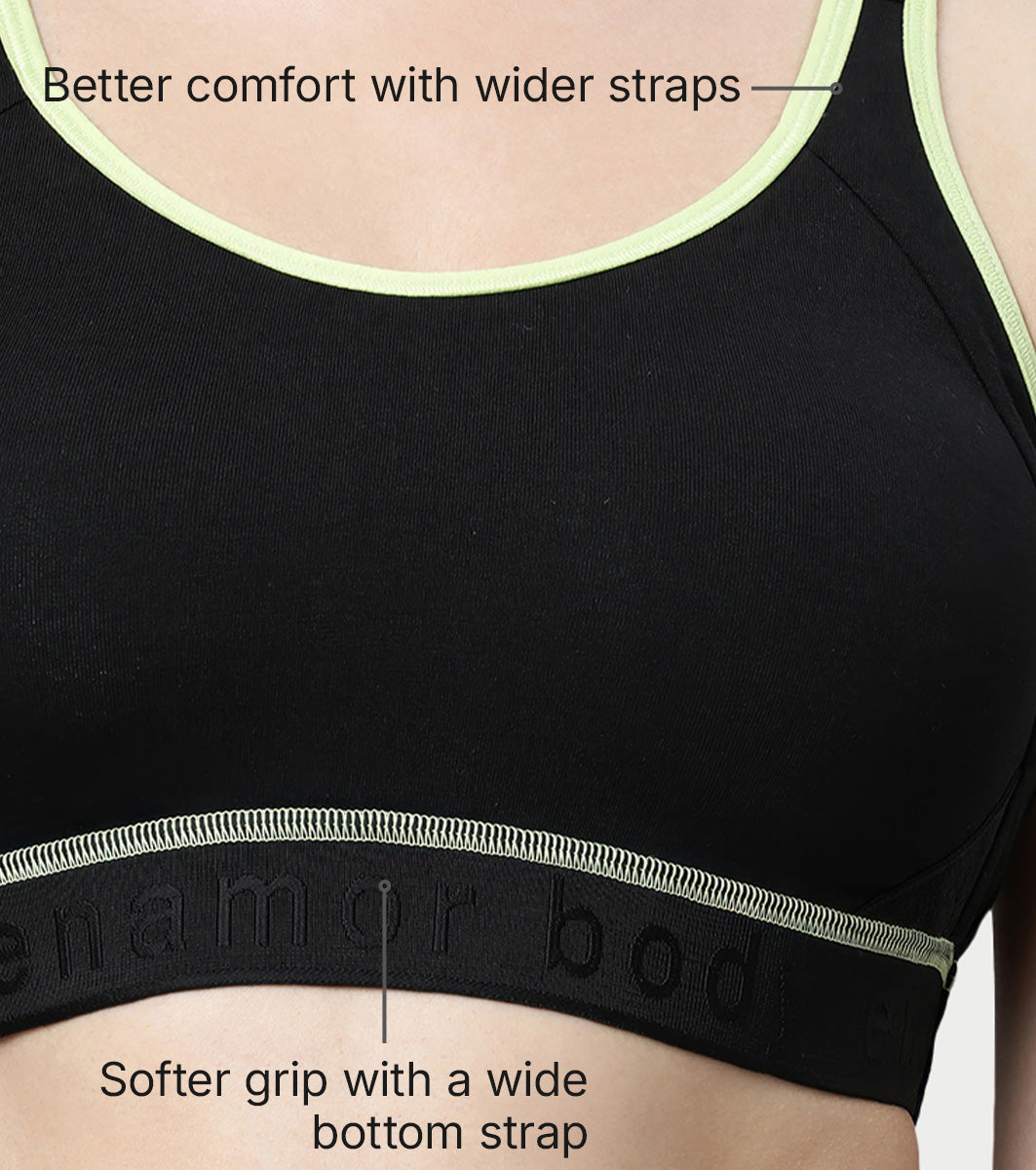 Enamor Innovations Antimicrobial, Side Shaper, Women's Cotton Medium Impact Sports Bra - Fixed cup, Non-Padded, Wirefree, High Coverage - SB28 (Black)