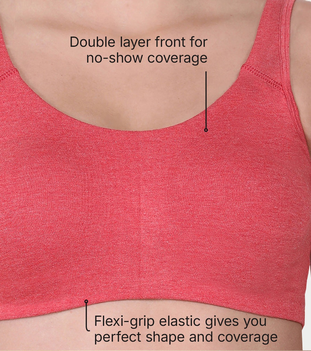 Enamor Low Impact Women's Cotton Everyday Sports Bra - All Day Comfort, Non Padded, Wirefree, High Coverage - SB06 (Tomato Melange)