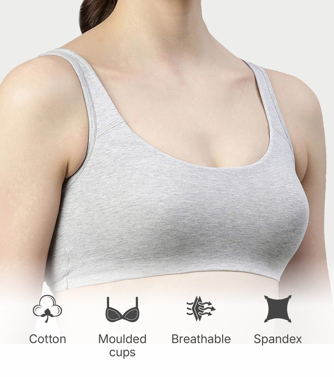 Enamor Low Impact Women's Cotton Everyday Sports Bra - All Day Comfort, Non Padded, Wirefree, High Coverage - SB06 (Greymelange)