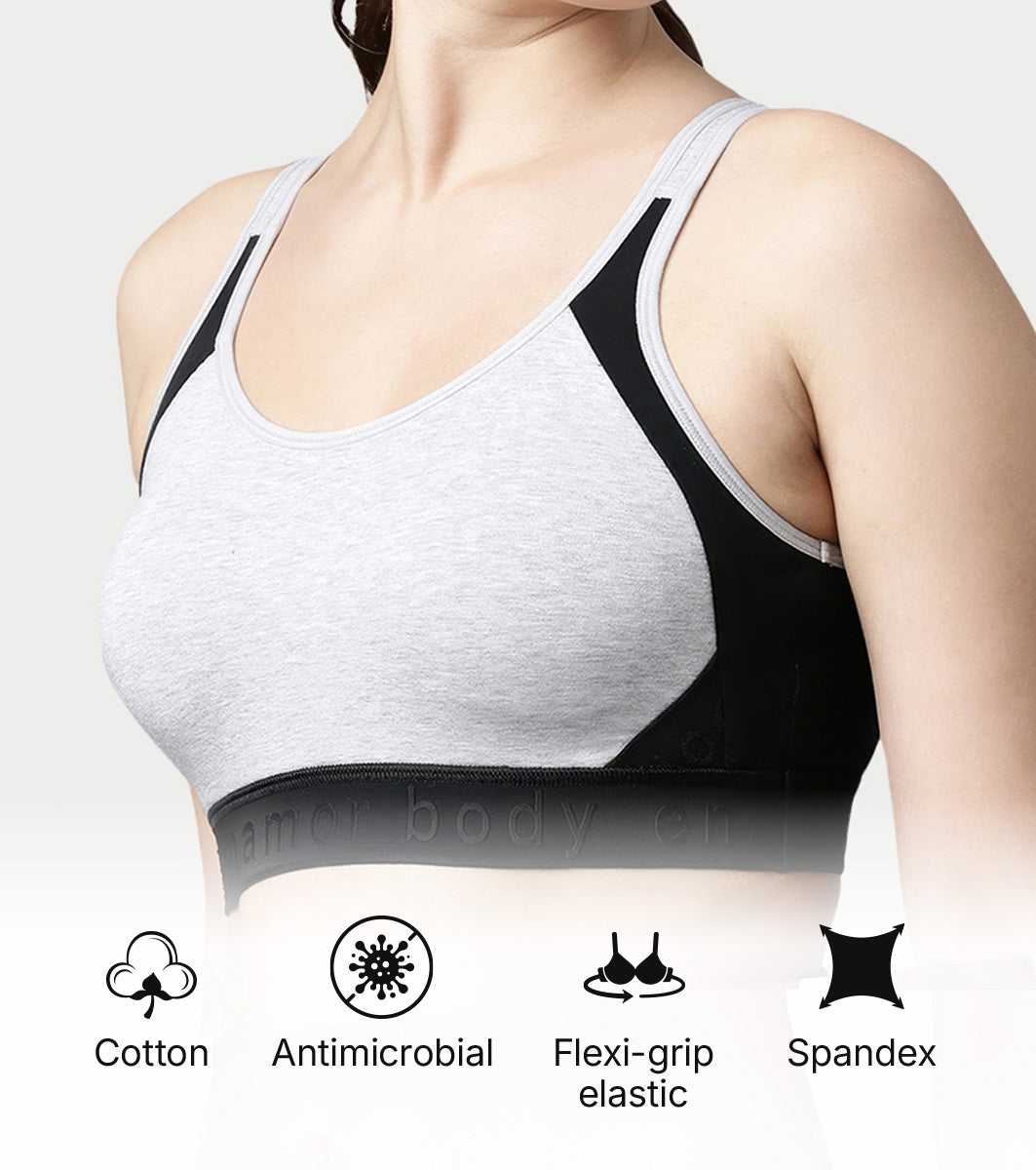 Enamor Innovations Antimicrobial, Side Shaper, Women's Cotton Medium Impact Sports Bra - Fixed cup, Non-Padded, Wirefree, High Coverage - SB28 (Grey Melange)