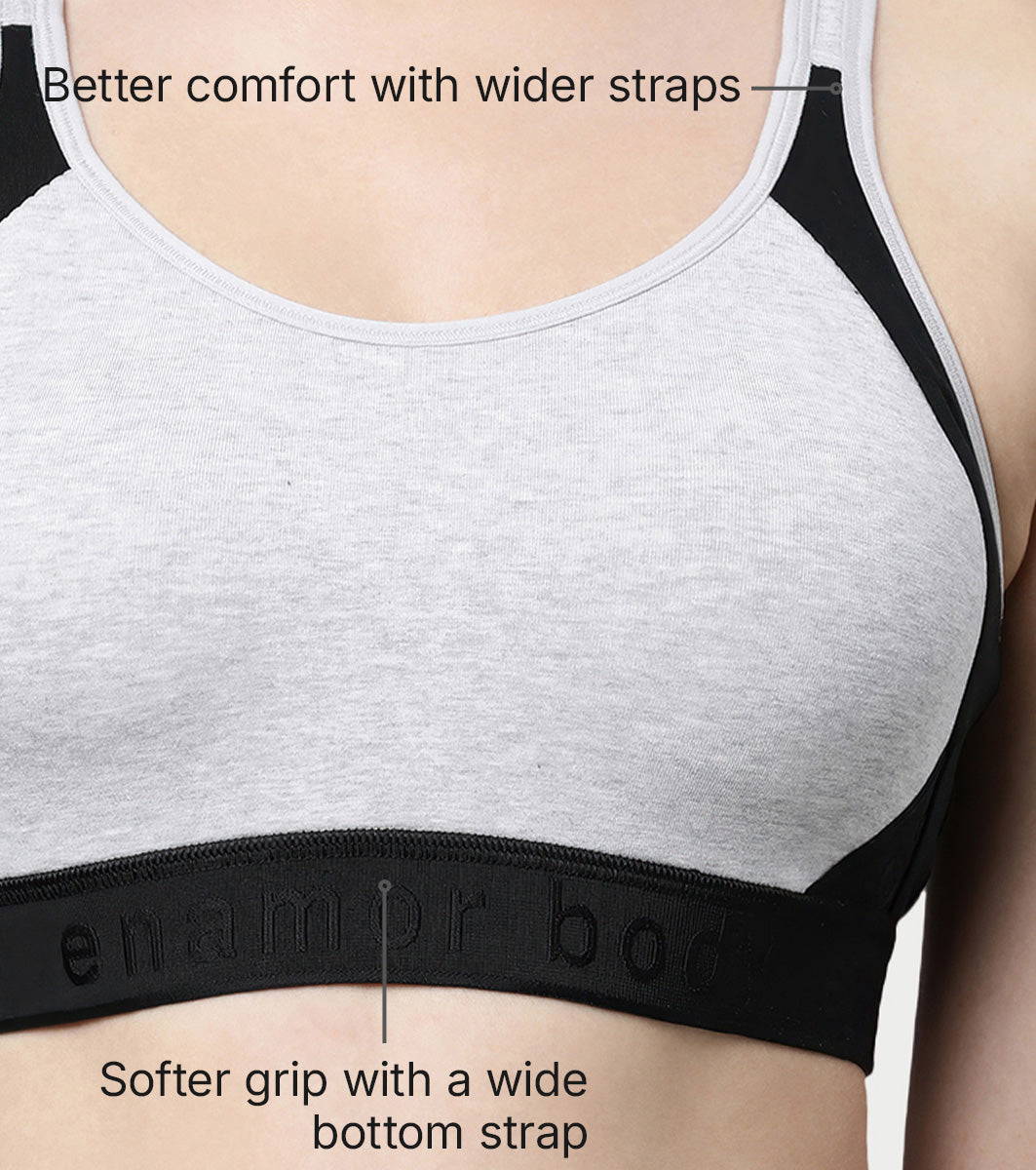 Enamor Innovations Antimicrobial, Side Shaper, Women's Cotton Medium Impact Sports Bra - Fixed cup, Non-Padded, Wirefree, High Coverage - SB28 (Grey Melange)