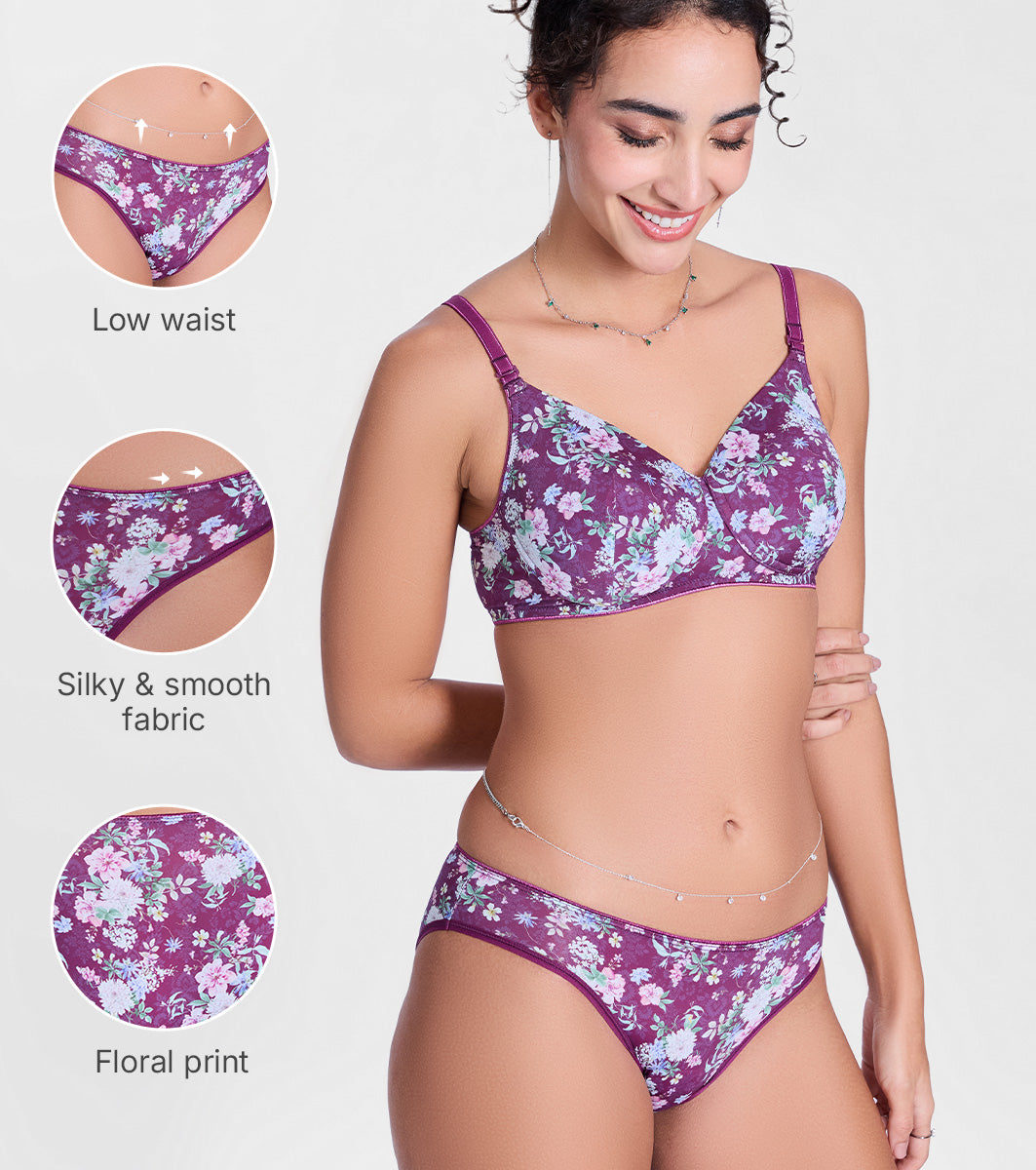 Enamor P165 Womens Low Waist Co-ordinate Bikini Panty (Damask Plum Print)